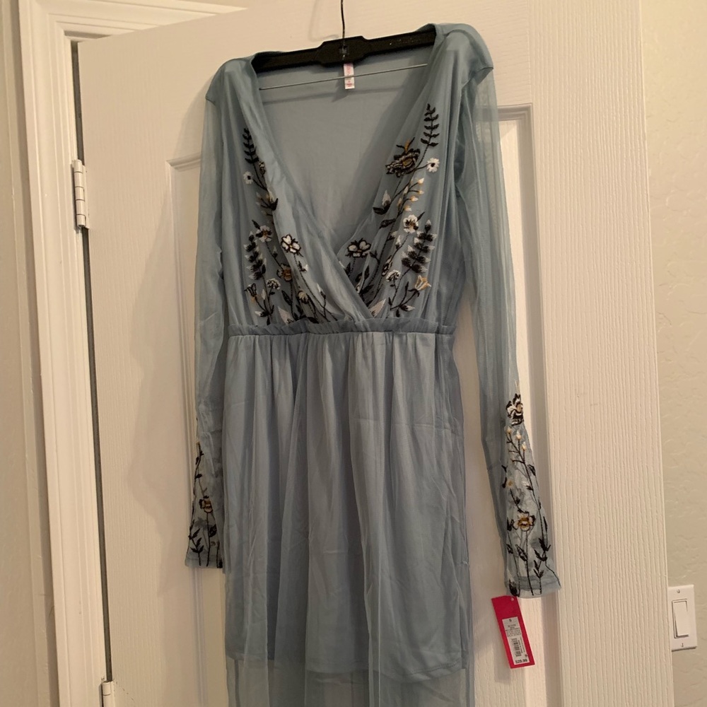 Blue/Grey Mesh Dress with Floral Embroidery